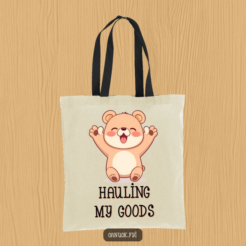 Funny tote bag with a happy bear character enthusiastically cheering with both paws up, practical funny gift.