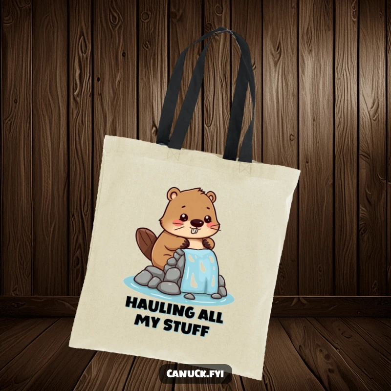Funny tote bag illustrating a playful, stylized beaver character dedicated to building a small miniature dam, ready for errands.