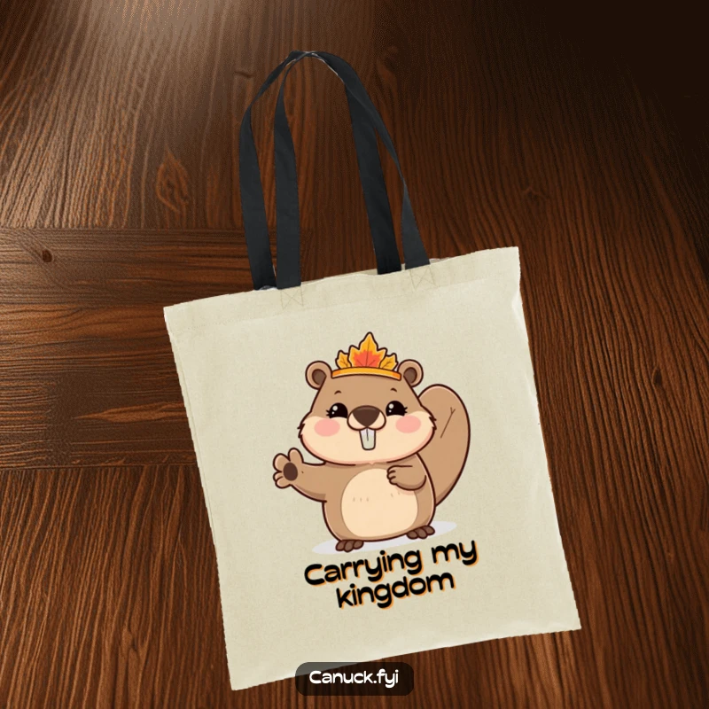 Funny Beaver Tote Bag featuring a cute beaver with a tiny maple leaf crown, enthusiastically waving, perfect for carrying daily items with flair.