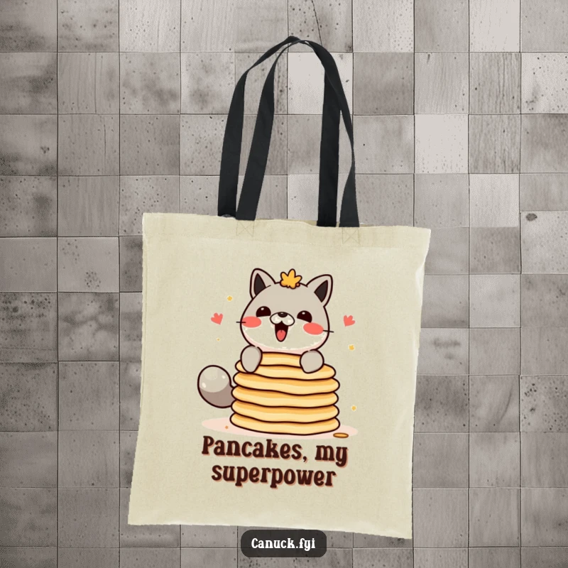 Funny Canadian animal character tote bag, struggling to balance a stack of pancakes, great for groceries.