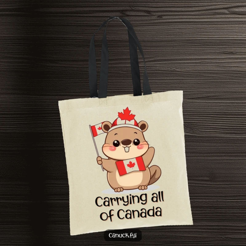 Funny cute beaver tote bag, maple leaf hat, waving Canadian flag, sturdy and stylish, ideal for carrying essentials with patriotic flair.
