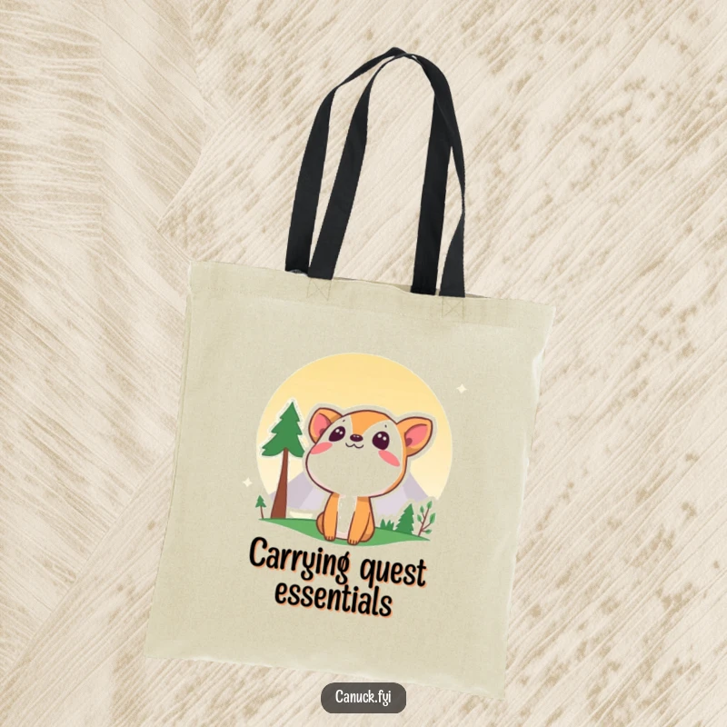 Funny curious animal tote bag looking up at a stylized mountain, great for carrying essentials on any adventure.