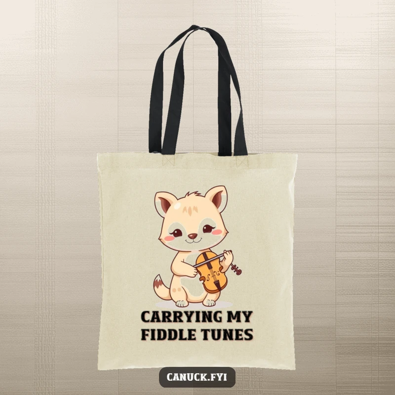 Funny tote bag showcasing a friendly, determined animal focused on playing a miniature fiddle with all its might.