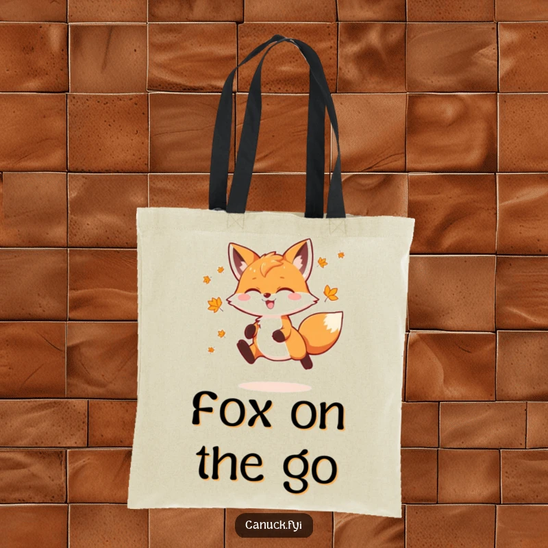 Funny Fox Tote Bag featuring a playful fox doing a joyful leap, adorned with tiny maple leaves, perfect for carrying daily items with fun.