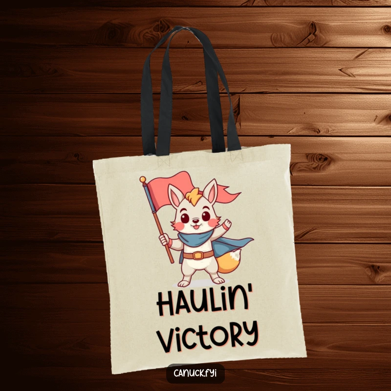 Funny tote bag with a proud animal character in a heroic pose holding a flag, stylish funny gift.