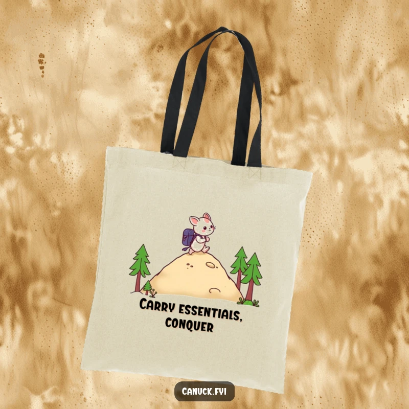 Funny tote bag depicting a creature with a backpack hiking uphill, ideal for carrying gear with a humorous touch.