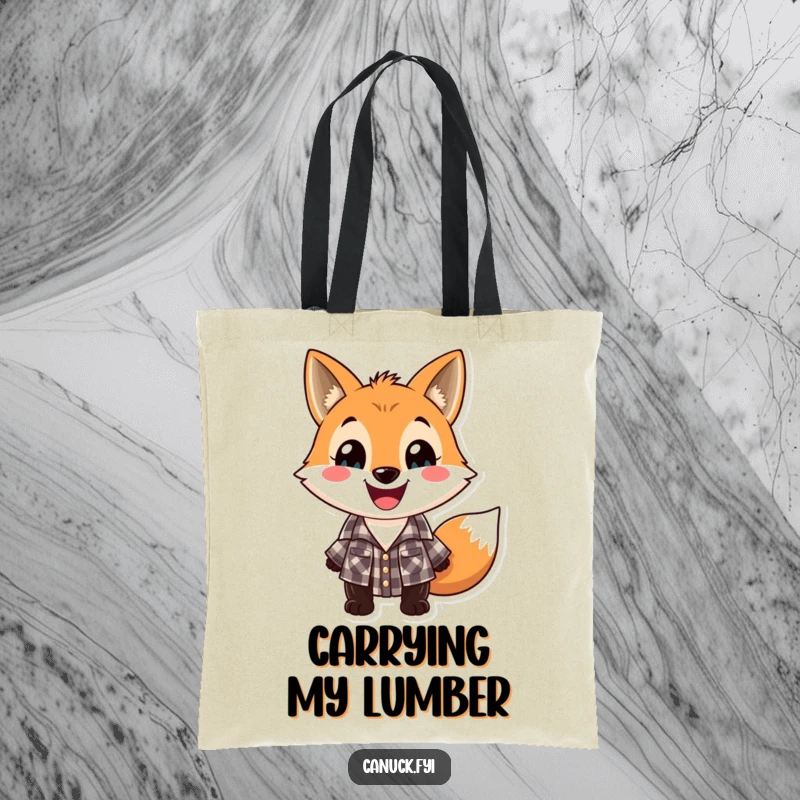 Funny lumberjack fox tote bag, playful fox wearing a checkered lumberjack shirt with a wide grin, for carrying items.