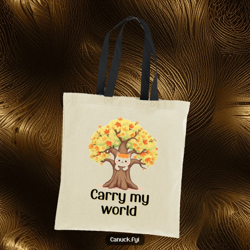 Funny tote bag featuring a happy animal character embracing a large, symbolic maple tree, perfect for carrying nature's bounty.