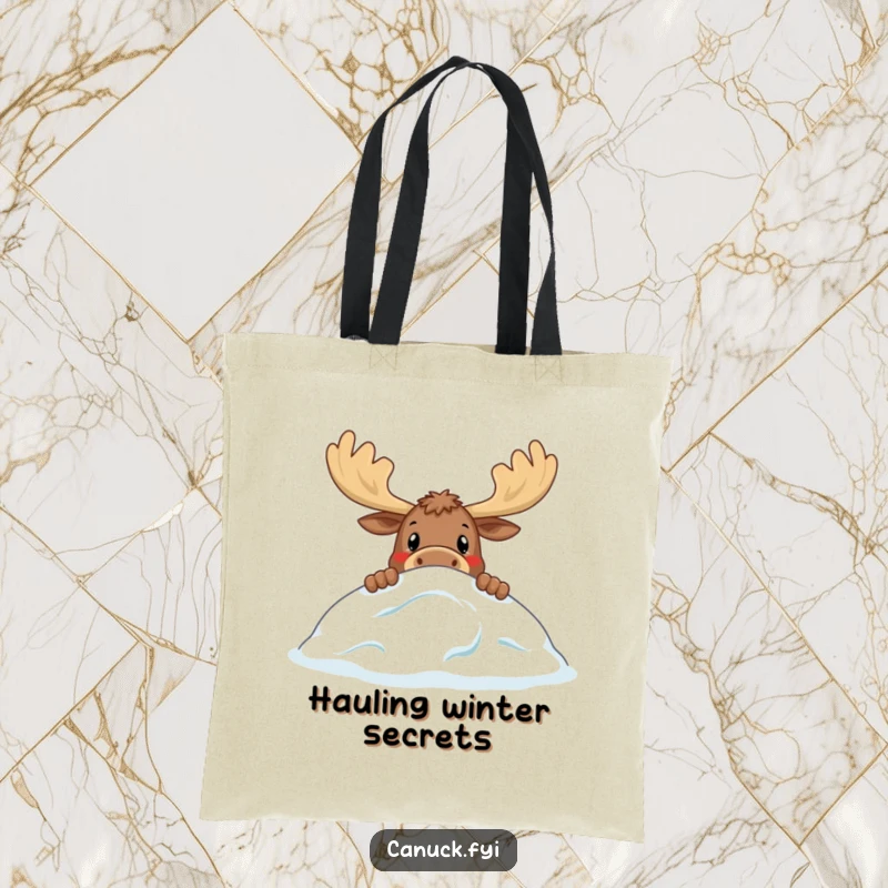 Funny tote bag with a curious moose peeking over a stylized snowdrift, a humorous and practical accessory for everyday use.