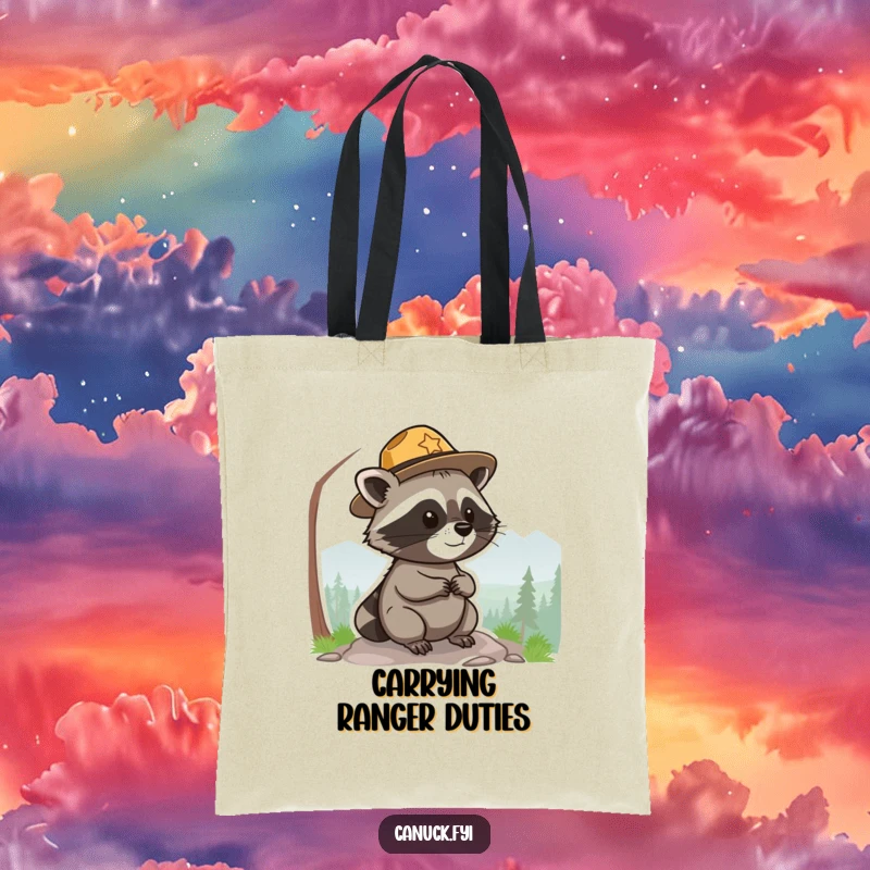 Funny park ranger raccoon tote bag, small, round, wearing a hat, surveying a scenic view, sturdy and amusing.