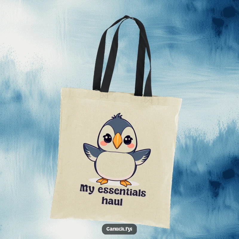 Funny tote bag featuring a proud puffin wearing a tiny toque and winking with a playful expression.