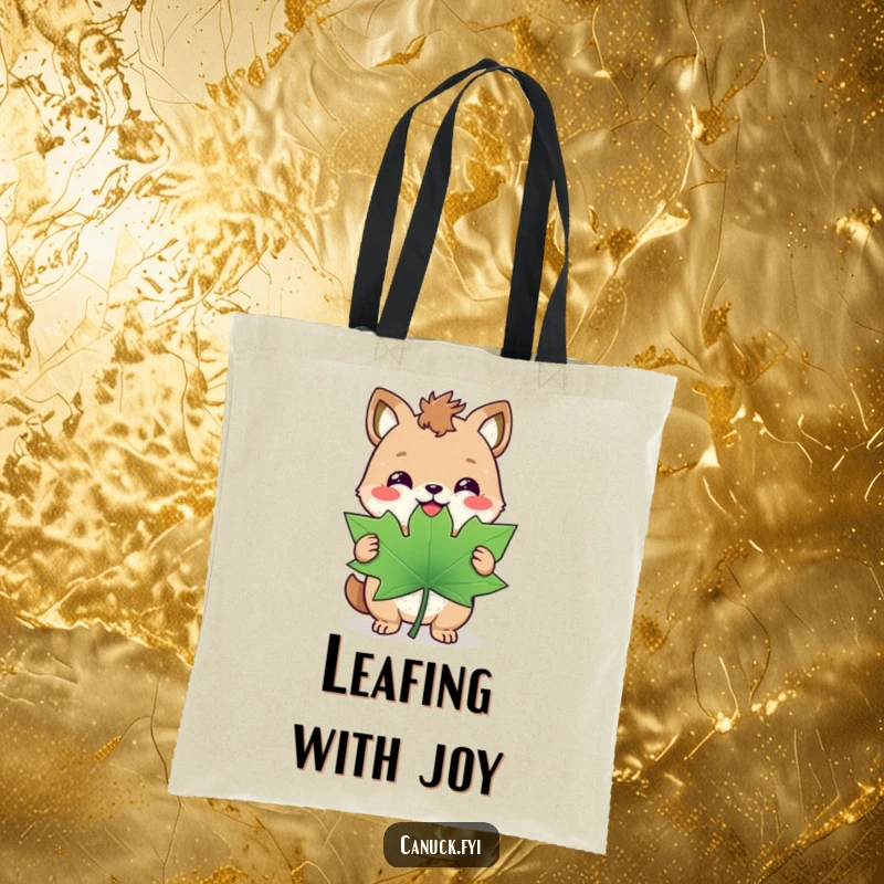 Funny tote bag with a happy animal and a triumphant smirk holding a giant maple leaf, perfect for Canadian pride.