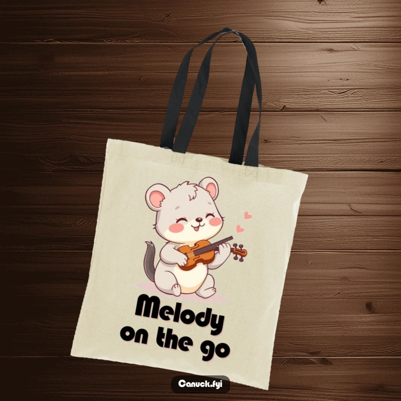 Funny tote bag with a joyful animal playing a tiny fiddle, great for carrying items with a musical and happy theme.