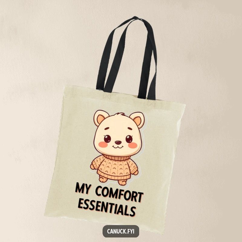 Funny tote bag showcasing a smiling animal character proudly dressed in a small, knitted sweater. A stylish and practical accessory.