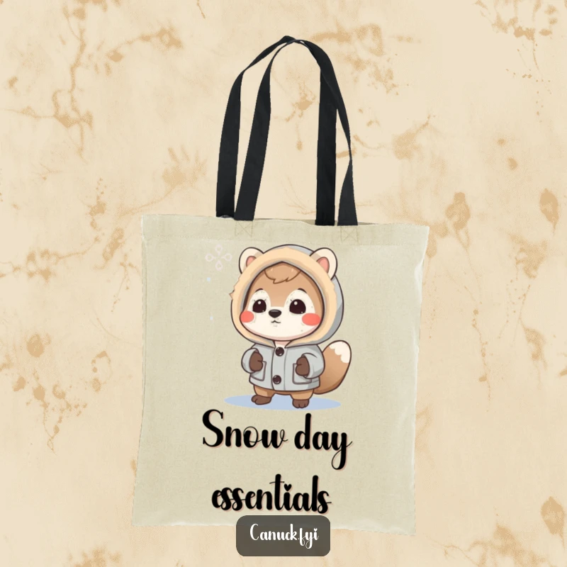 Funny Tote Bag: Curious animal wearing a parka examines a snowflake, perfect for carrying winter essentials with charm.